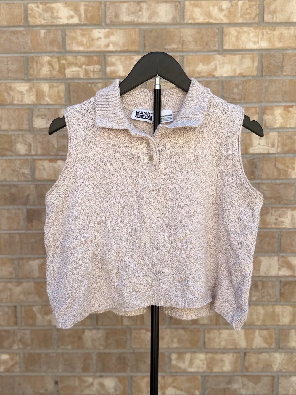 VTG Basic Editions Heathered Beige Sleeveless Knit Collared Sweater Vest Size M